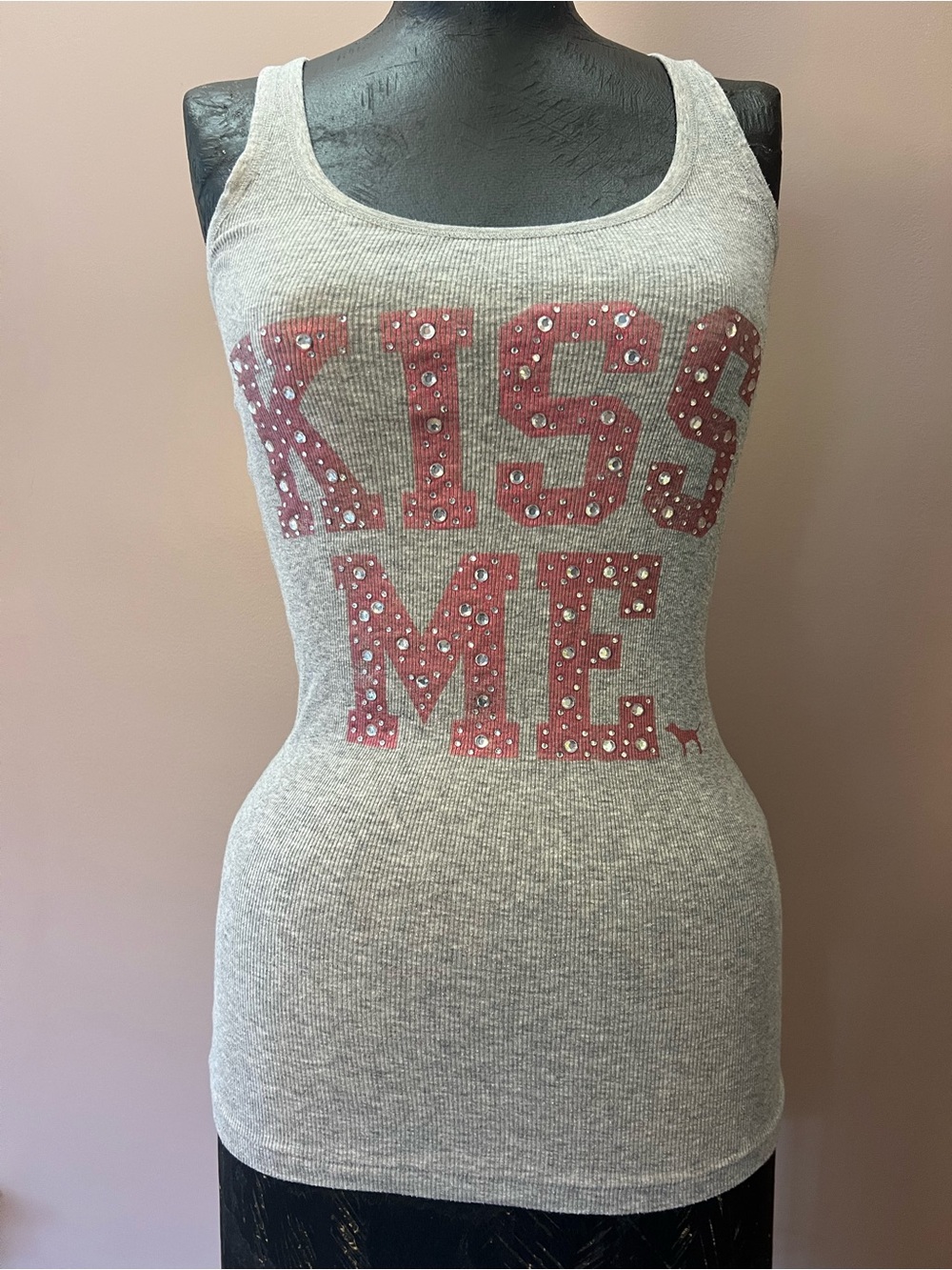 Y2K Victoria’s Secret Pink Kiss Me Bling Graphic Tank Top Size XS